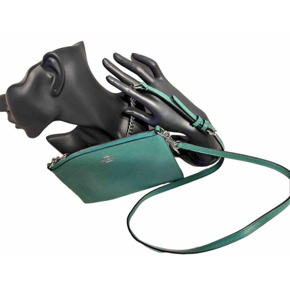 Coach Crossbody Bag Teal‎ Green Crossgrain Leather Silver Chain Strap  Y2K 40-14 - Picture 3 of 11